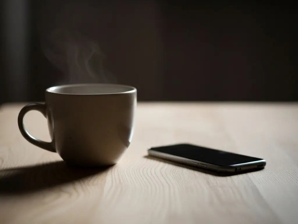木のテーブルにマグカップとスマホ