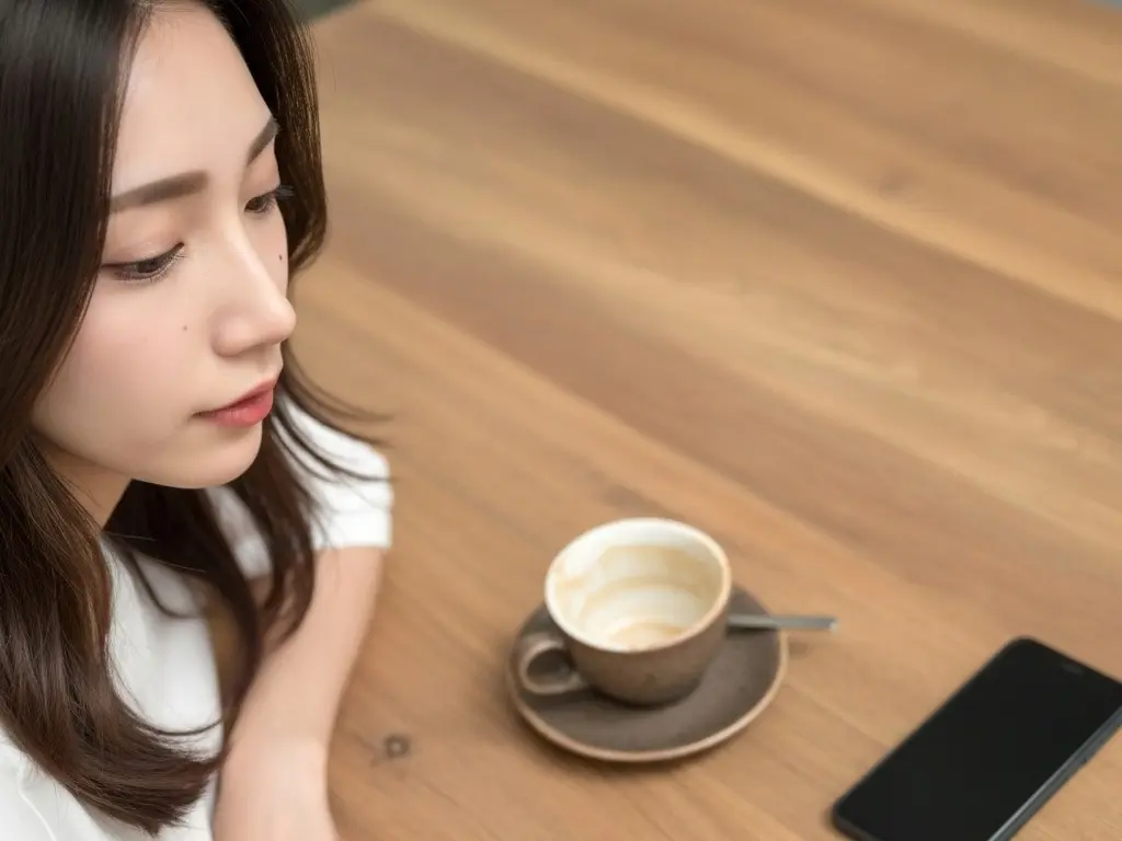 女性とコーヒーカップとスマホ