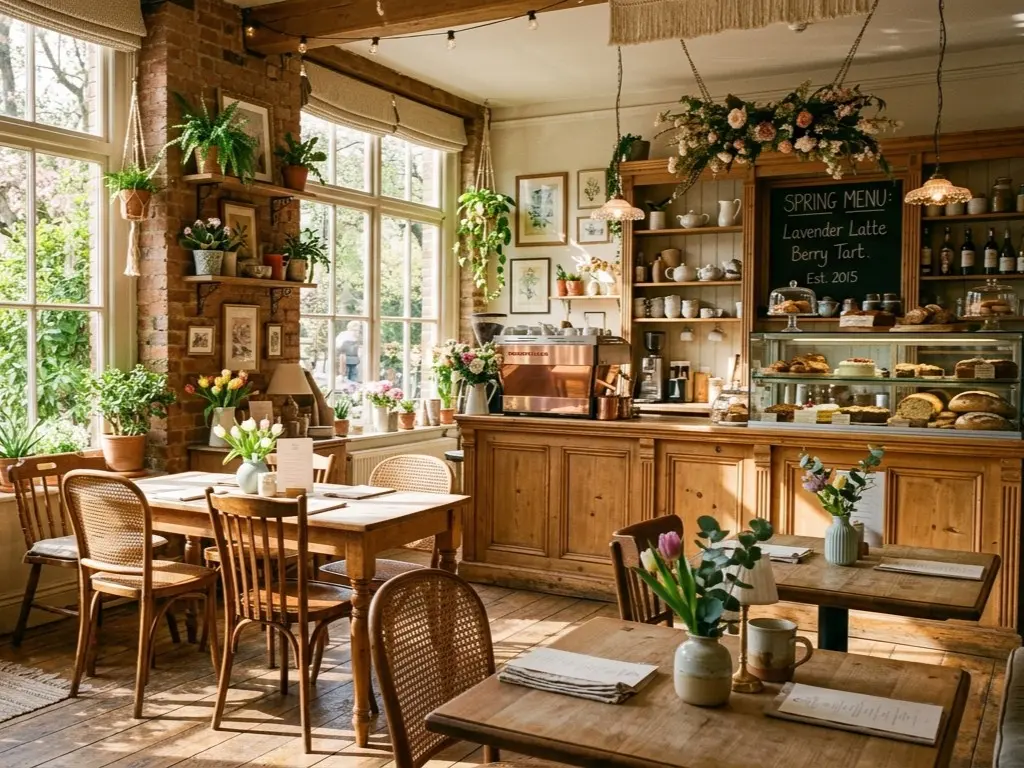 春の陽光が差し込むお洒落なカフェの風景写真