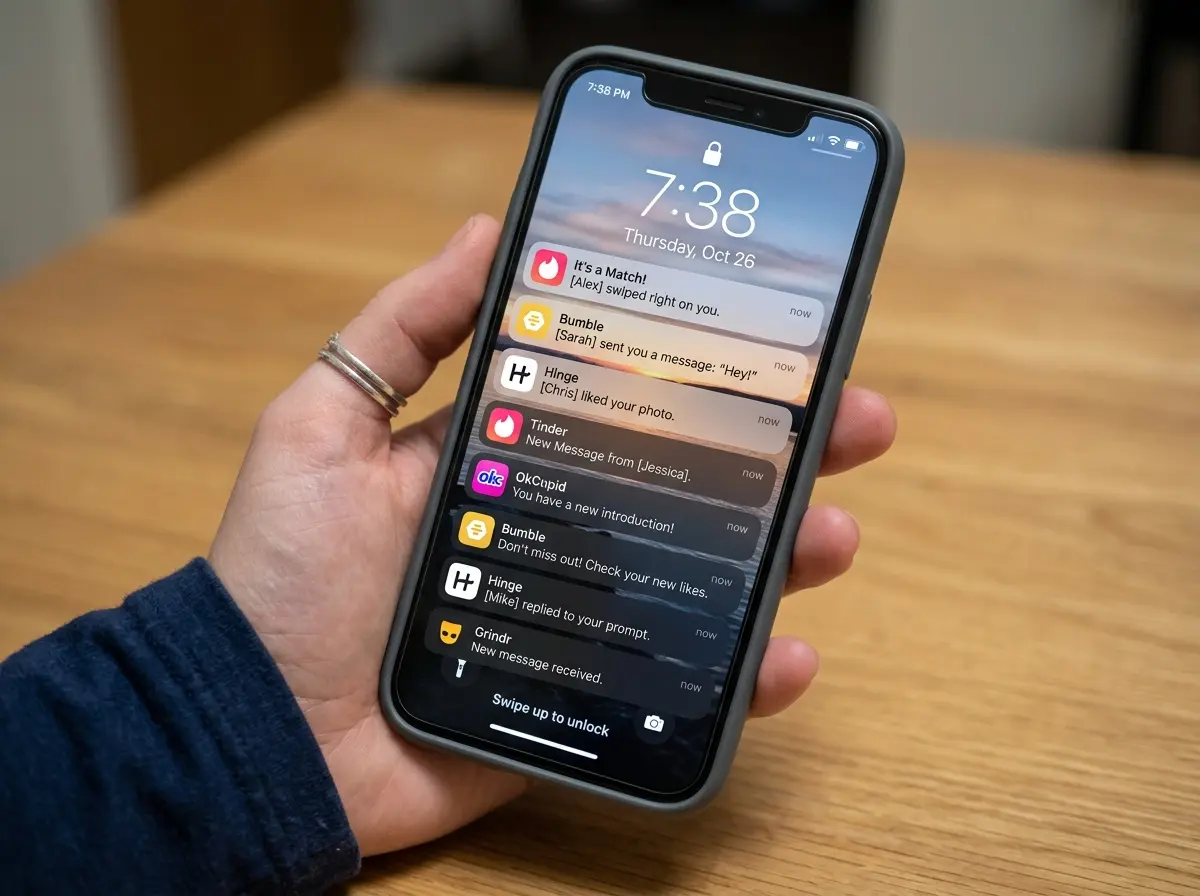 スマホの画面にマッチングアプリの通知アイコンがいくつも重なっている