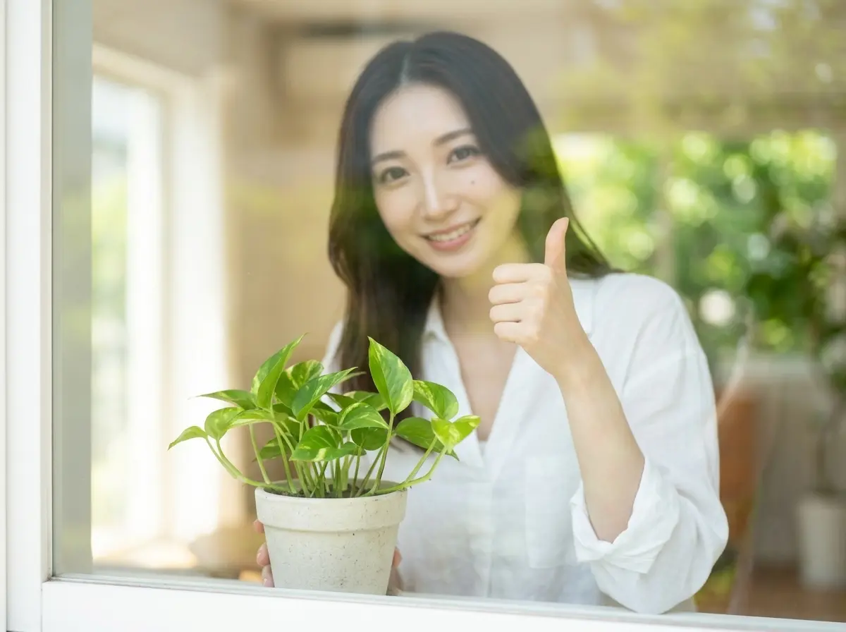 女性が優しくグッドサインを出している様子