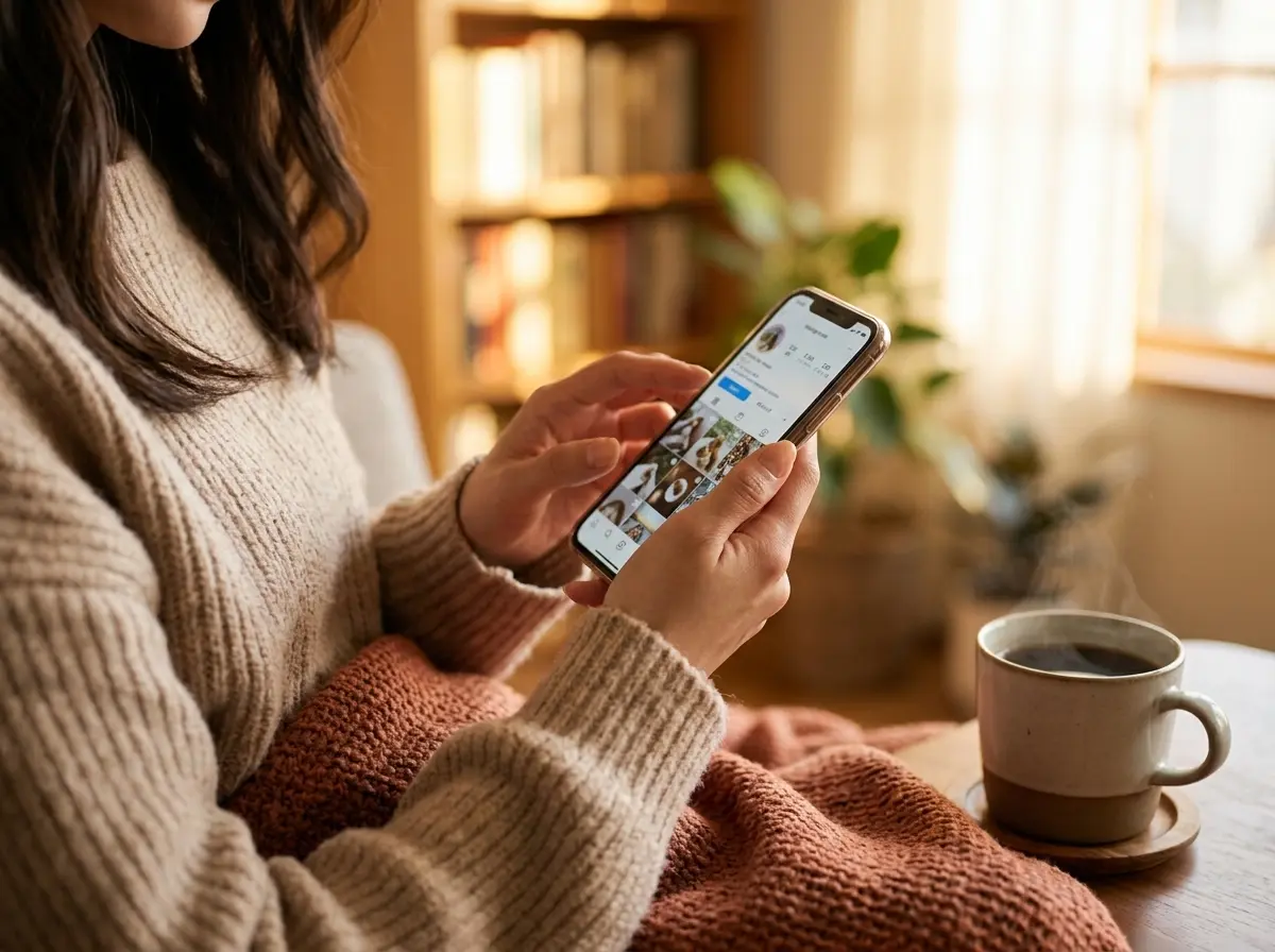 リラックスしてスマートフォンを眺める女性の手元