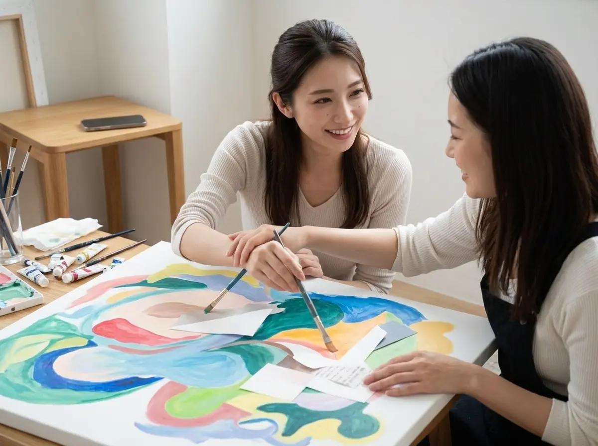 2人の女性が1つの大きなキャンバスに絵を描いている