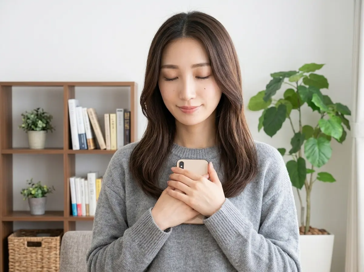 スマホを胸に抱えて安心している女性