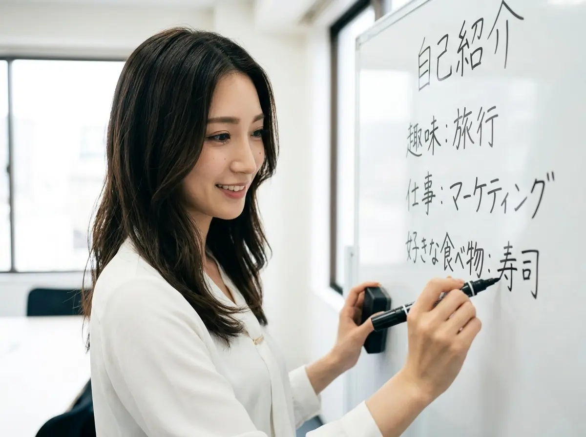 女性がホワイトボードに自己紹介を書いている