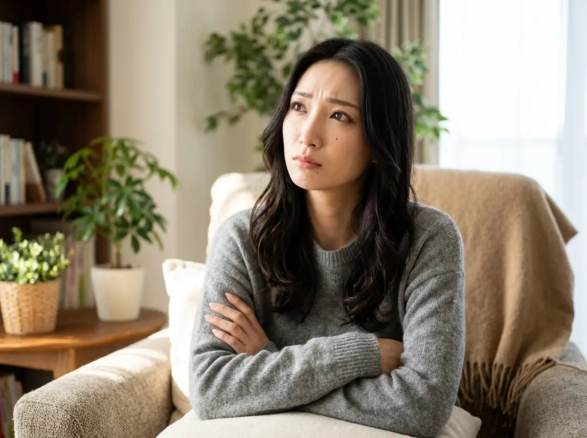 女性が考え込んでいるところ