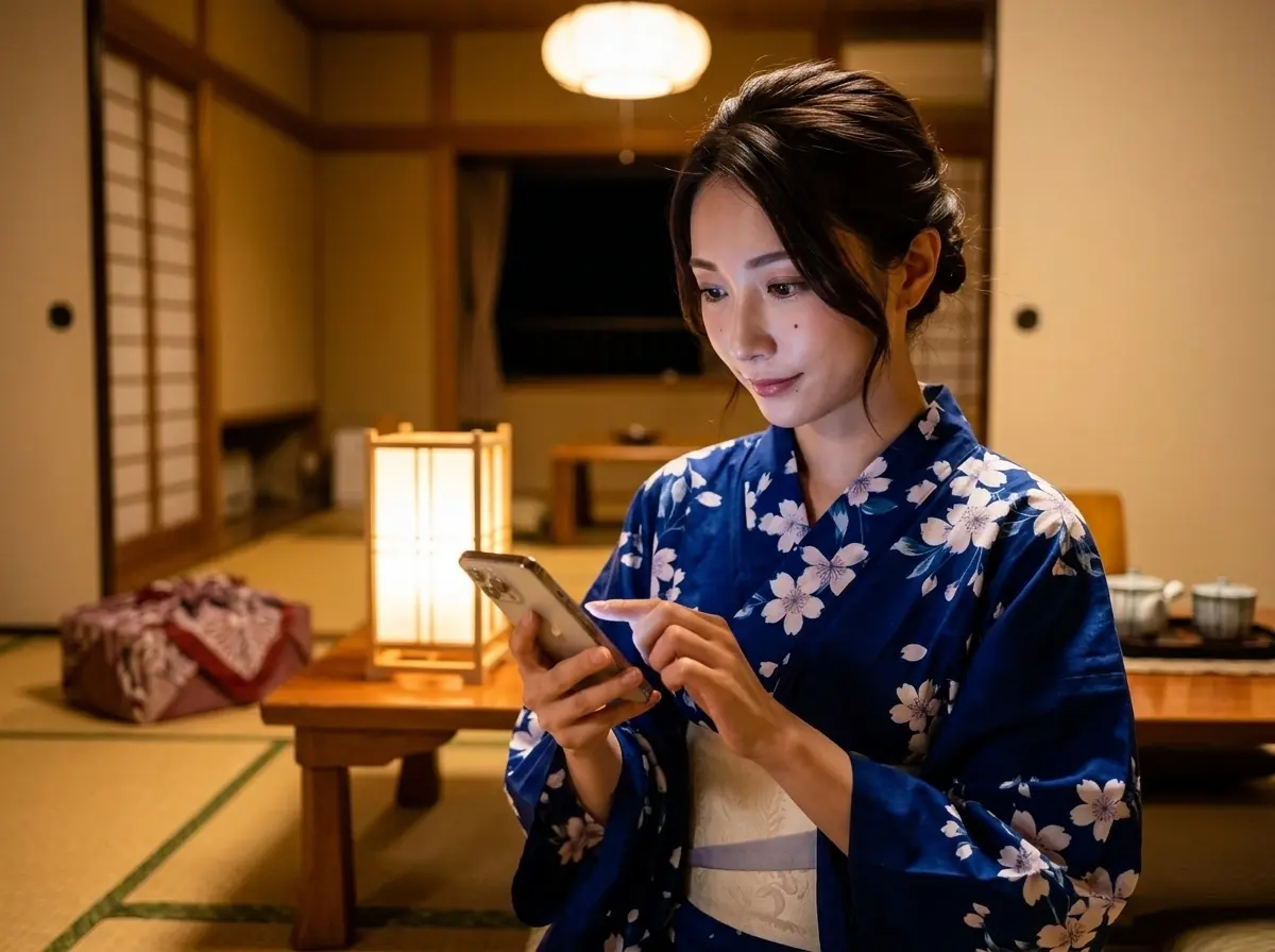 浴衣姿でスマホを触る女性