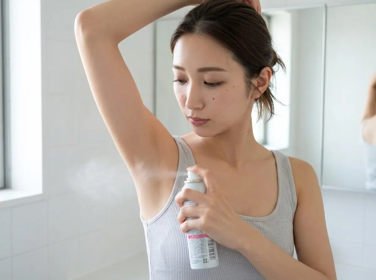 脇に制汗スプレーをしている女性