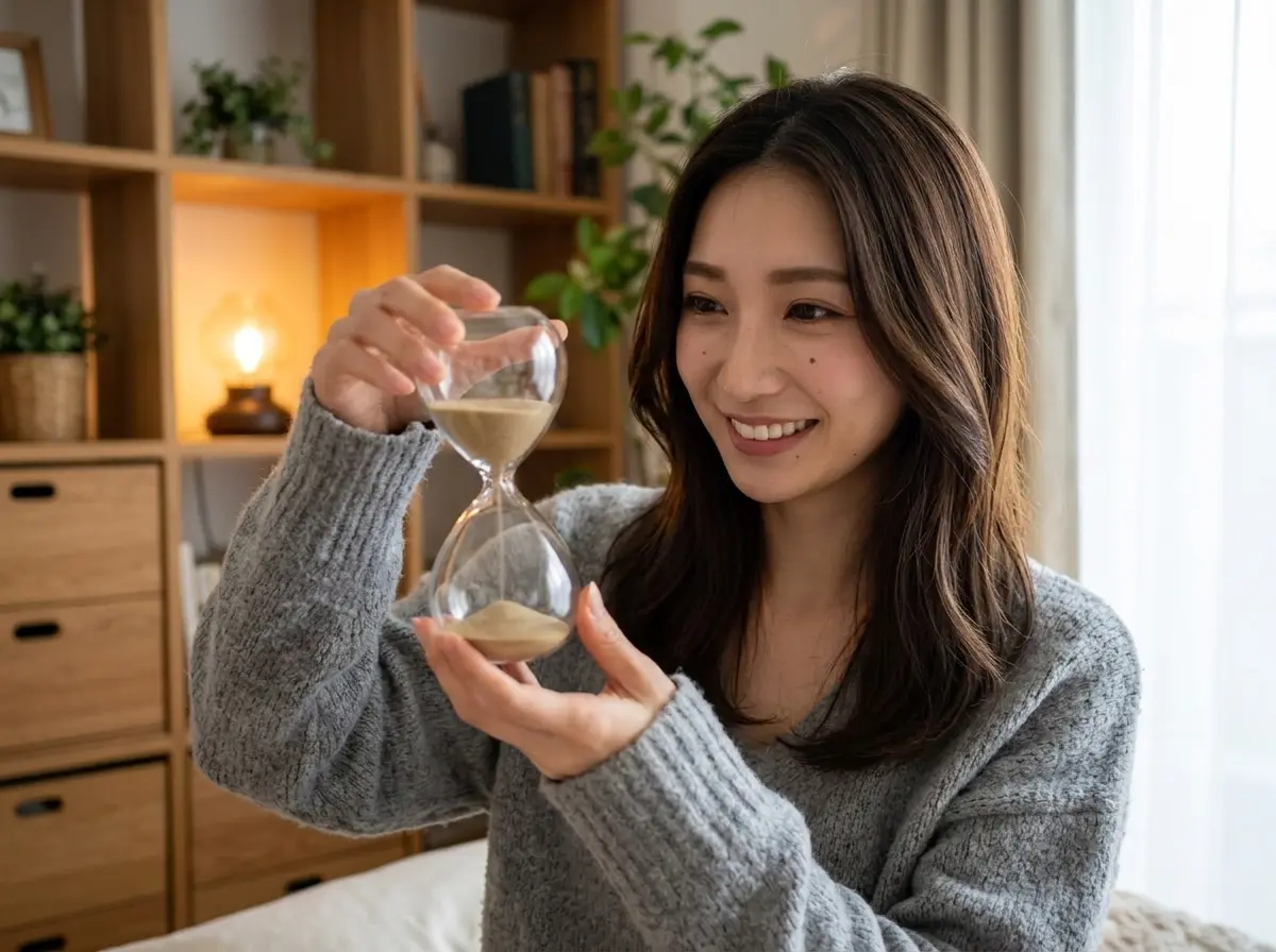 女性が砂時計をひっくり返している