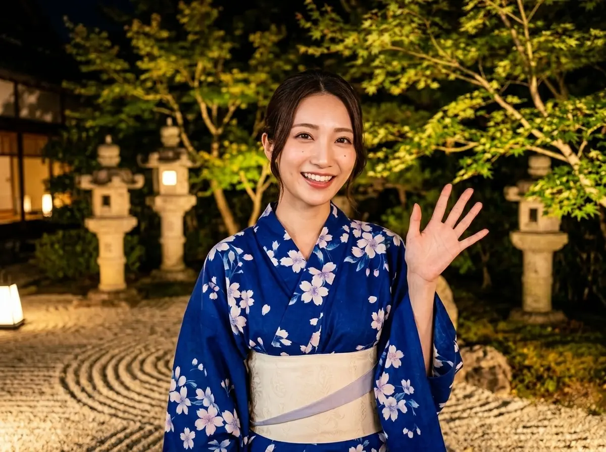 浴衣姿で手を振る女性