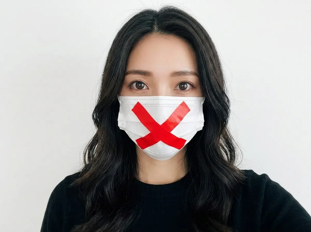 ✕マークのマスクを着用している女性。