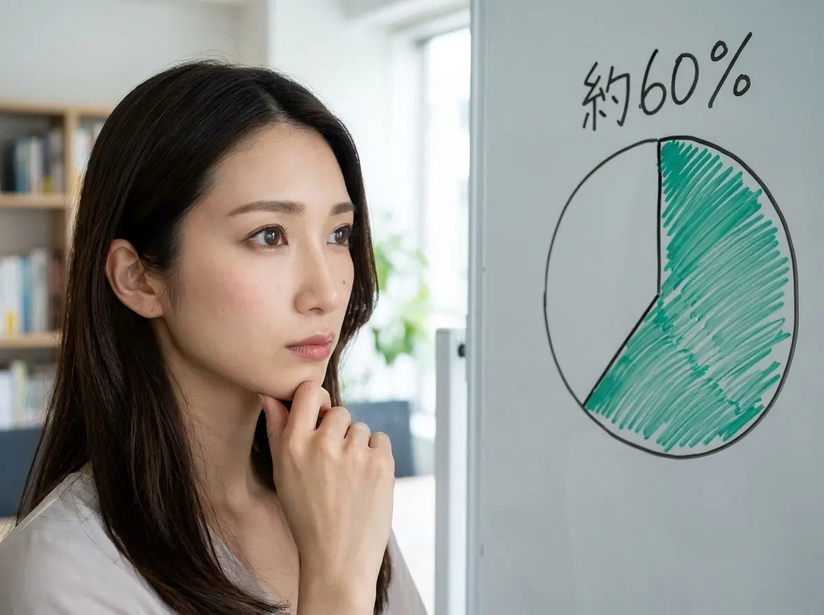 考え込む女性と60％の円グラフ