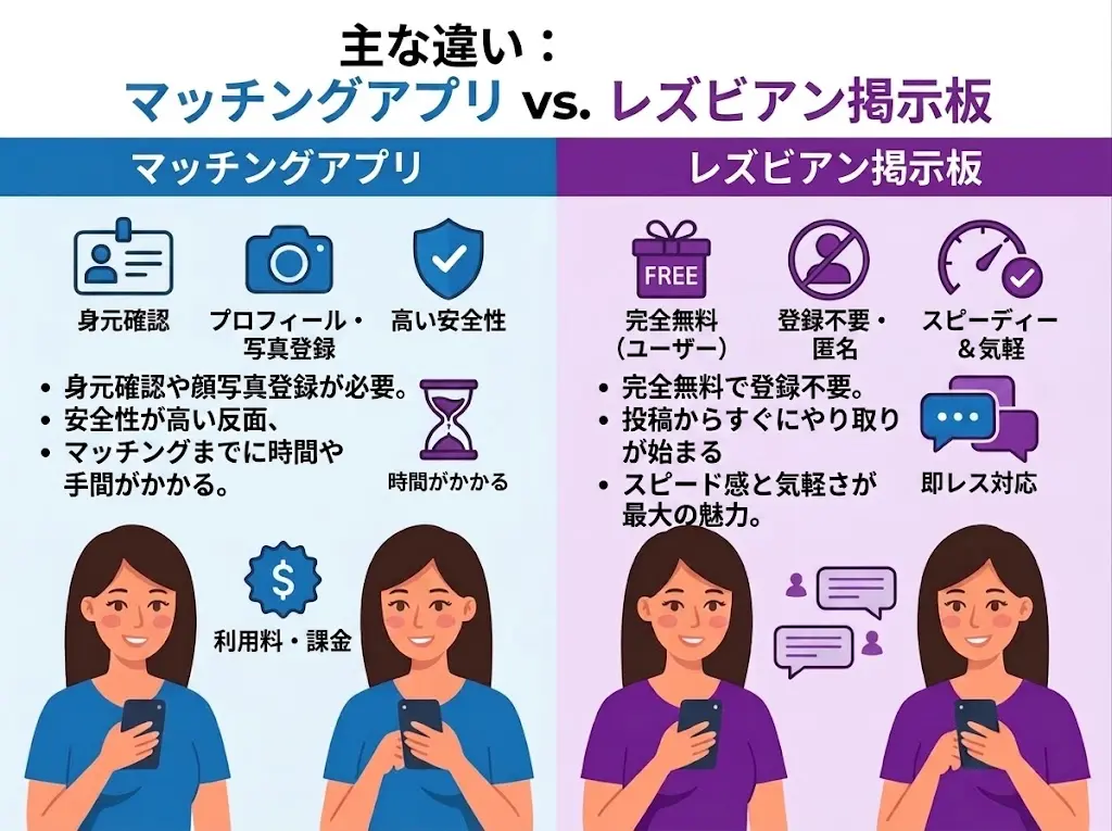 マッチングアプリとレズビアン掲示板の違い＆掲示板のメリット