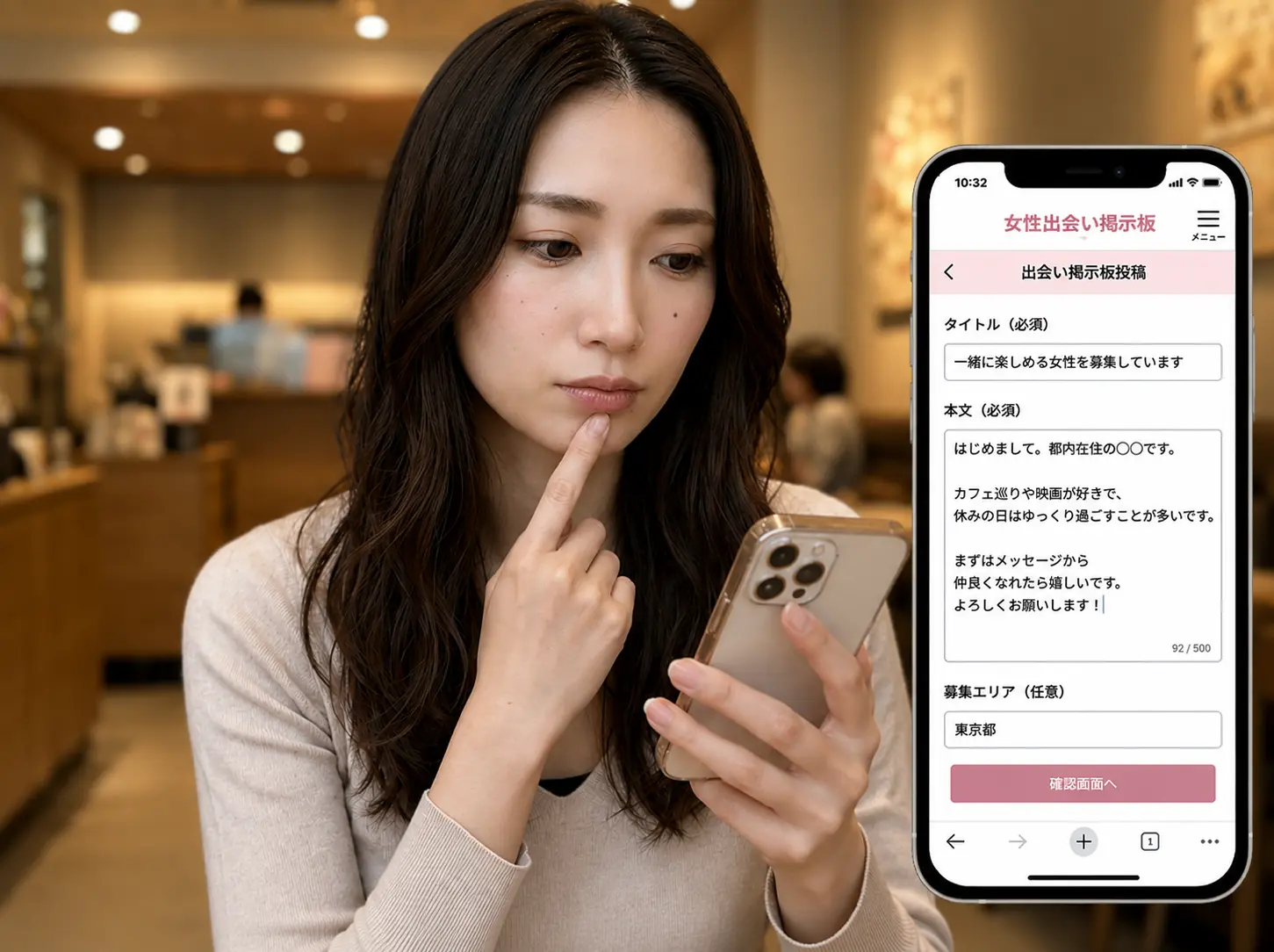 スマホを見ている女性と出会い掲示板の画面