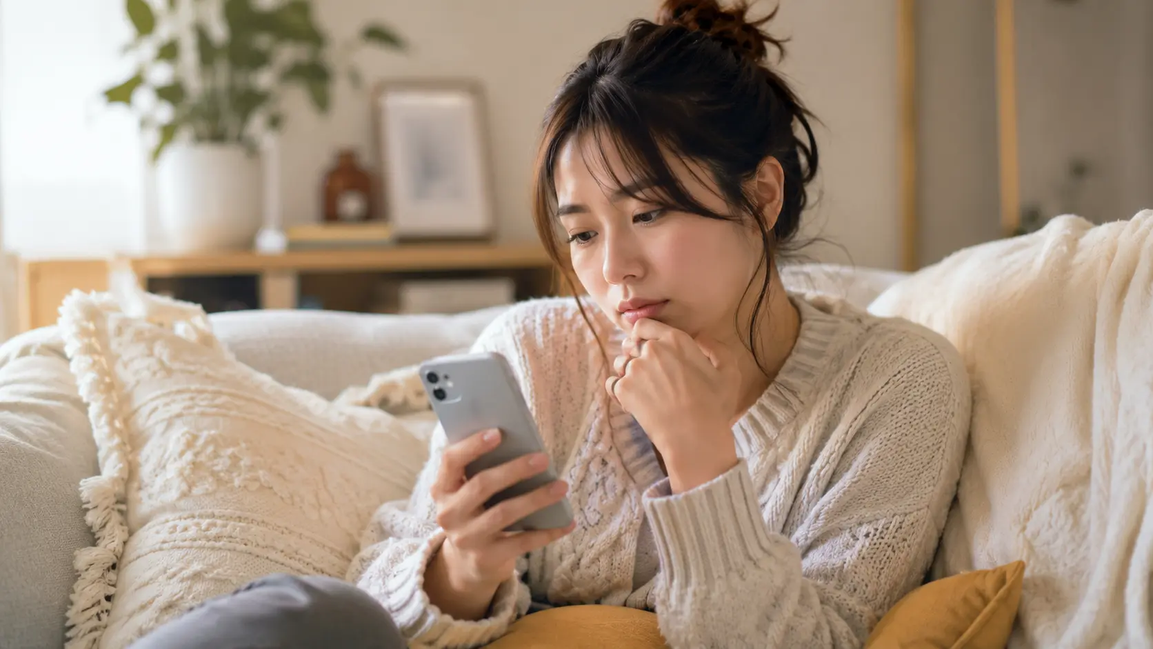 スマホで見て少し考えている成人女性