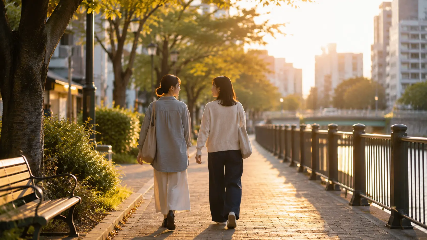 夕方の街や公園を並んで歩きながら自然に話している成人女性2人