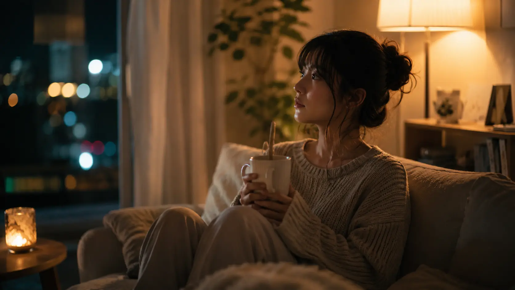 夜の自宅で一人で過ごしている成人女性