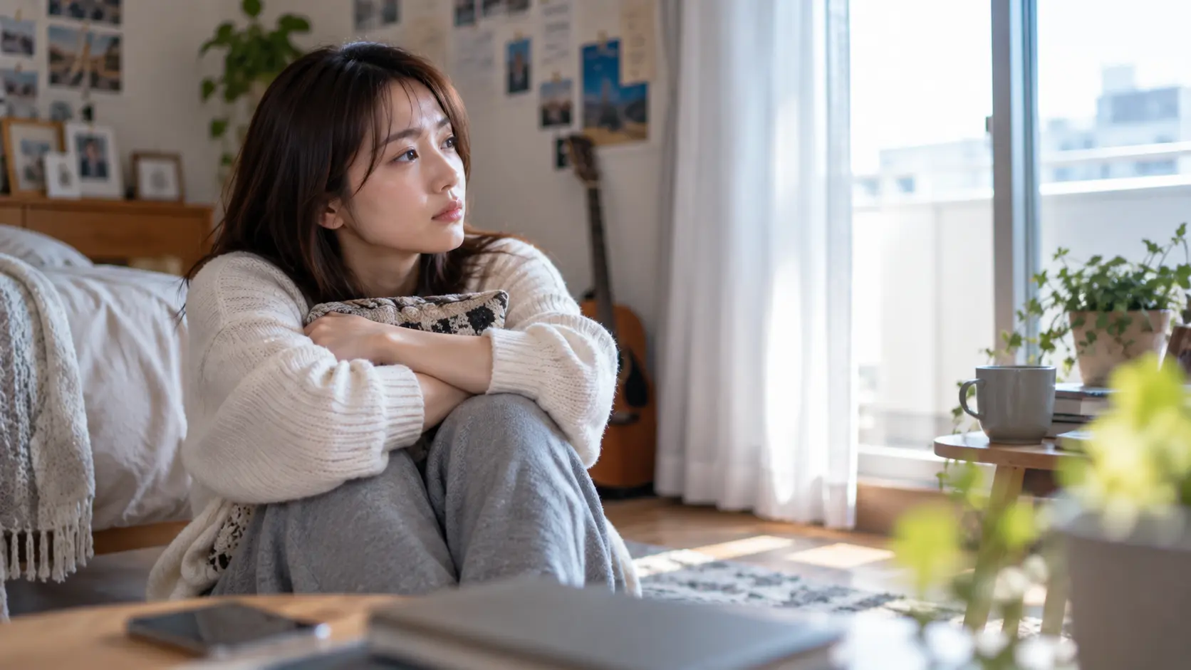 成人女性が自宅の窓際やベッド、ソファなどで一人静かに過ごしている写真