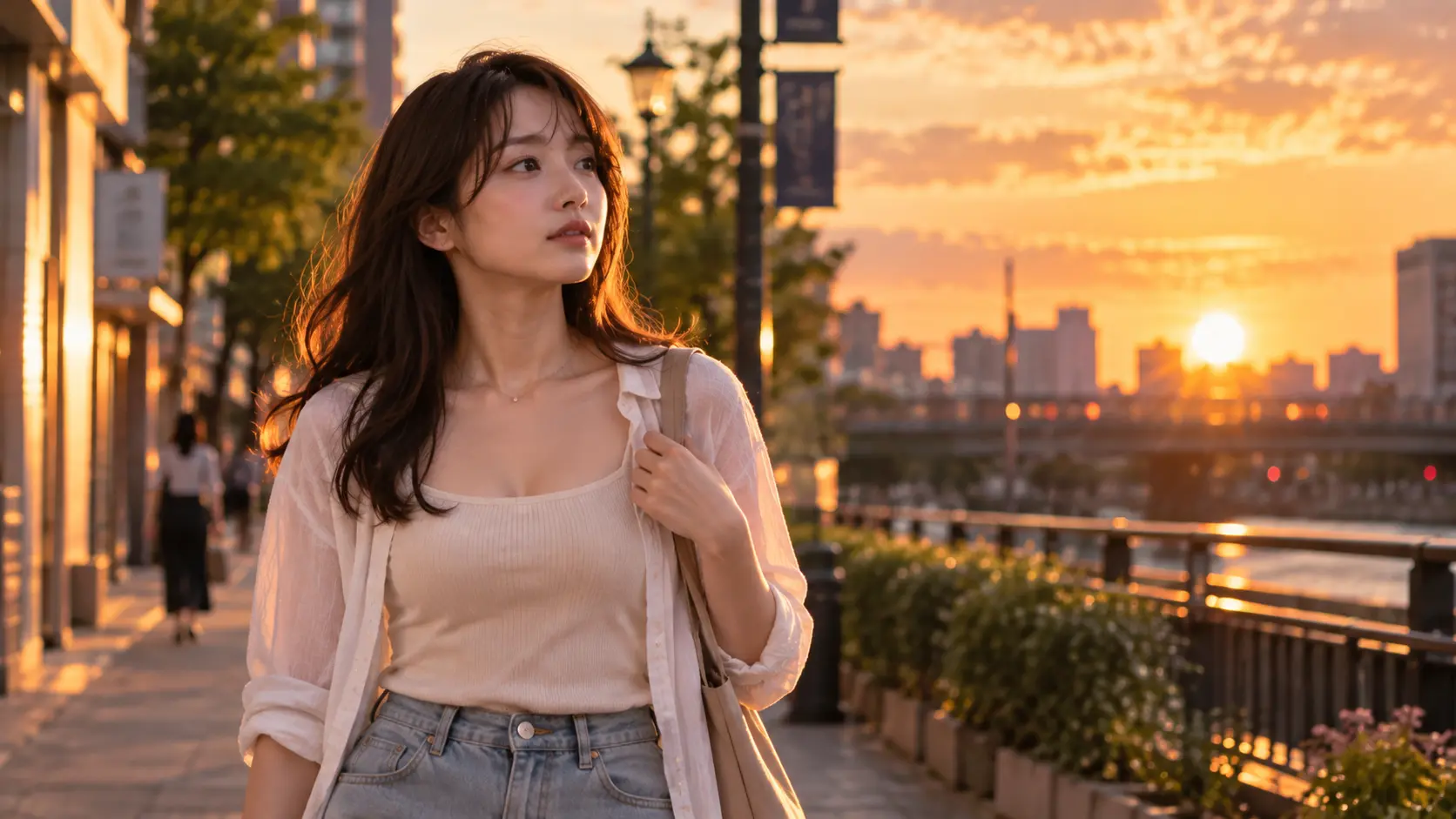 まだ夏の暑さが残る9月の夕方。成人女性が一人で街を歩いている場面。