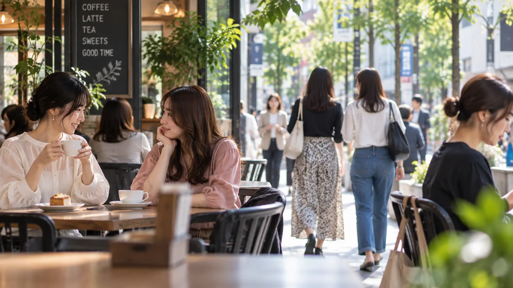日本人成人女性を2人程度。落ち着いたカフェや昼間のイベント会場などで、初対面らしい自然な会話をしている。