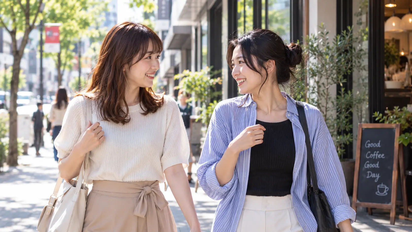 20歳以上の日本人成人女性2人。昼間の街中やカフェテラスを並んで歩く。