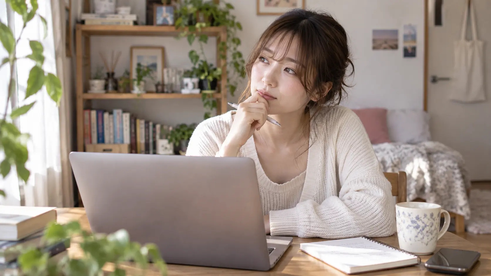 20歳以上の日本人成人女性一人。自宅のテーブルや落ち着いたカフェでノートPCまたはスマートフォンを前に考えている自然な場面。