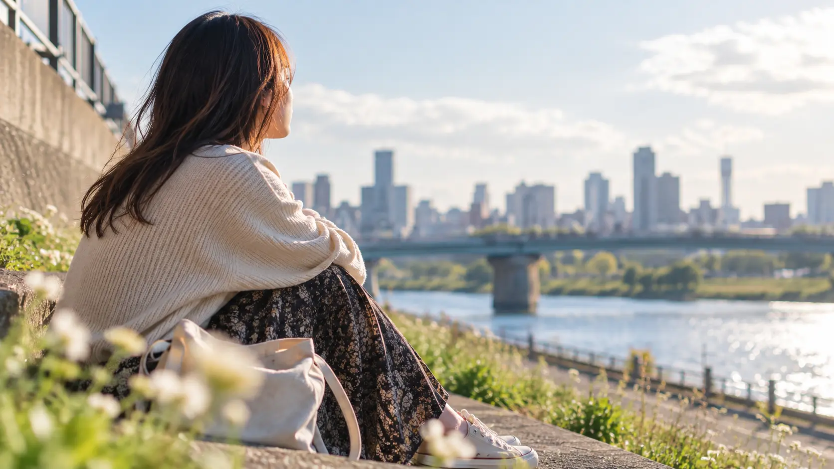 河川敷で一人、自分の気持ちと向き合う女性