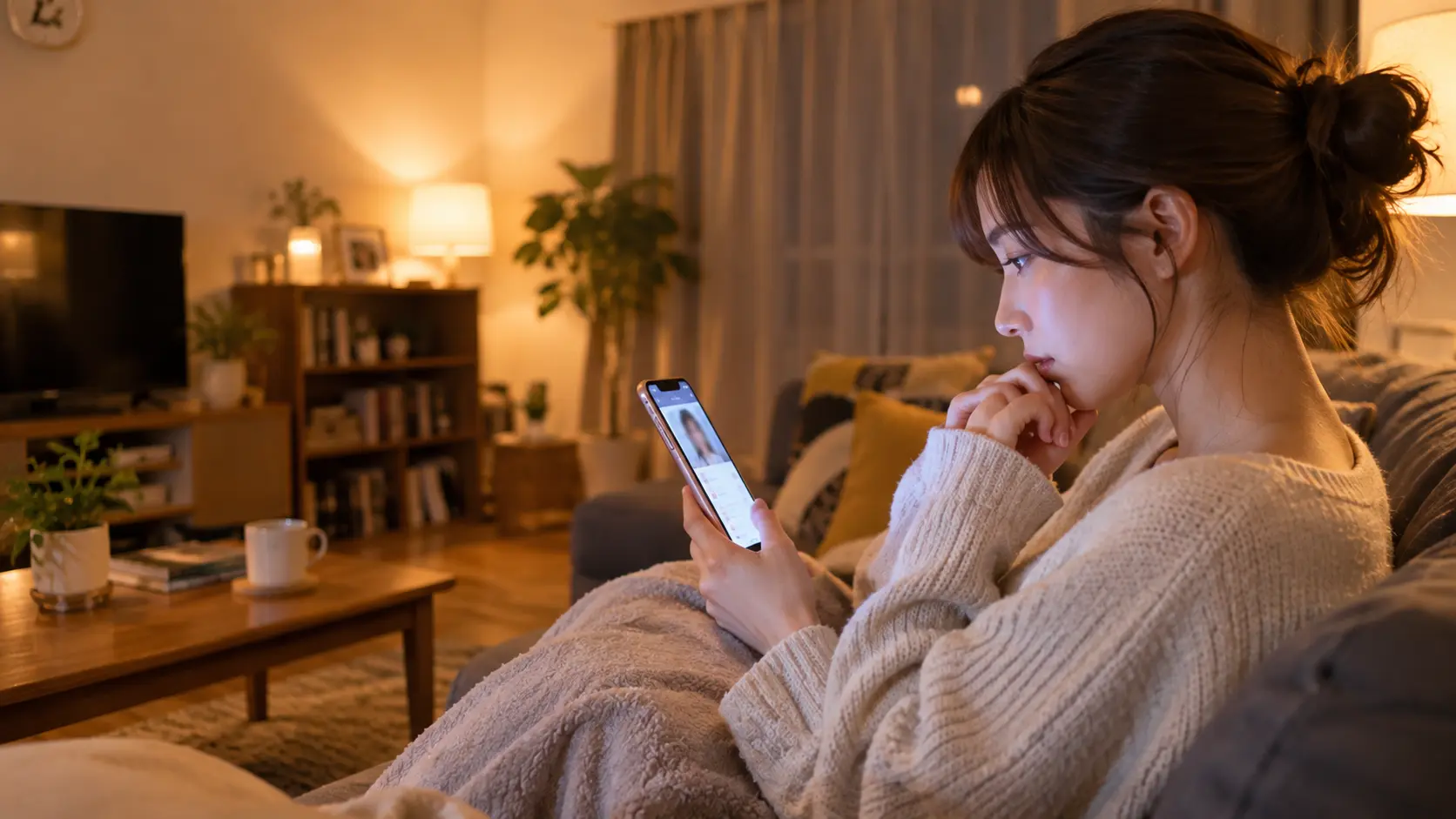 出会いのプロフィールに顔写真を載せるか迷い、 スマートフォンを見つめる女性