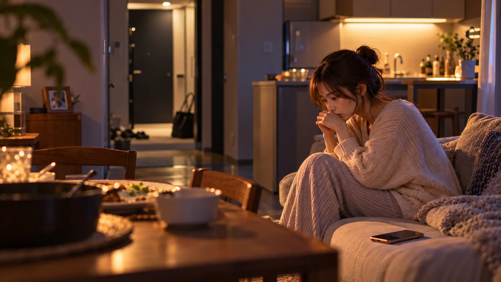 彼女と喧嘩した夜、一人で気持ちを整理する女性