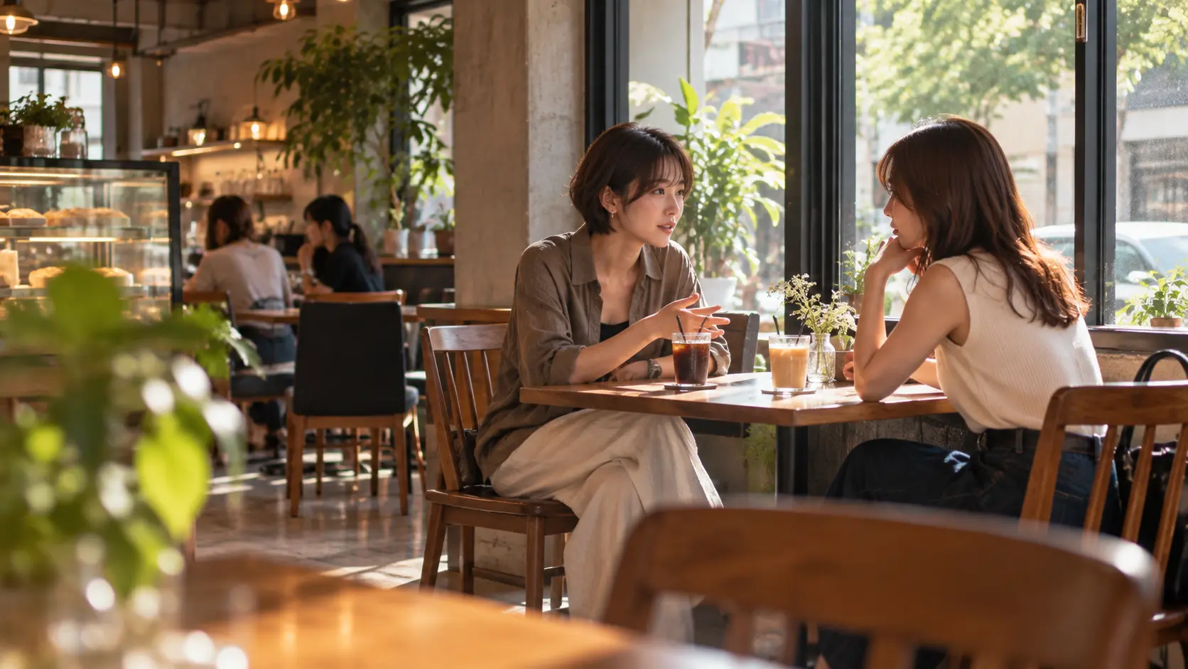 喧嘩のあと、カフェで落ち着いて話し合う女性カップル