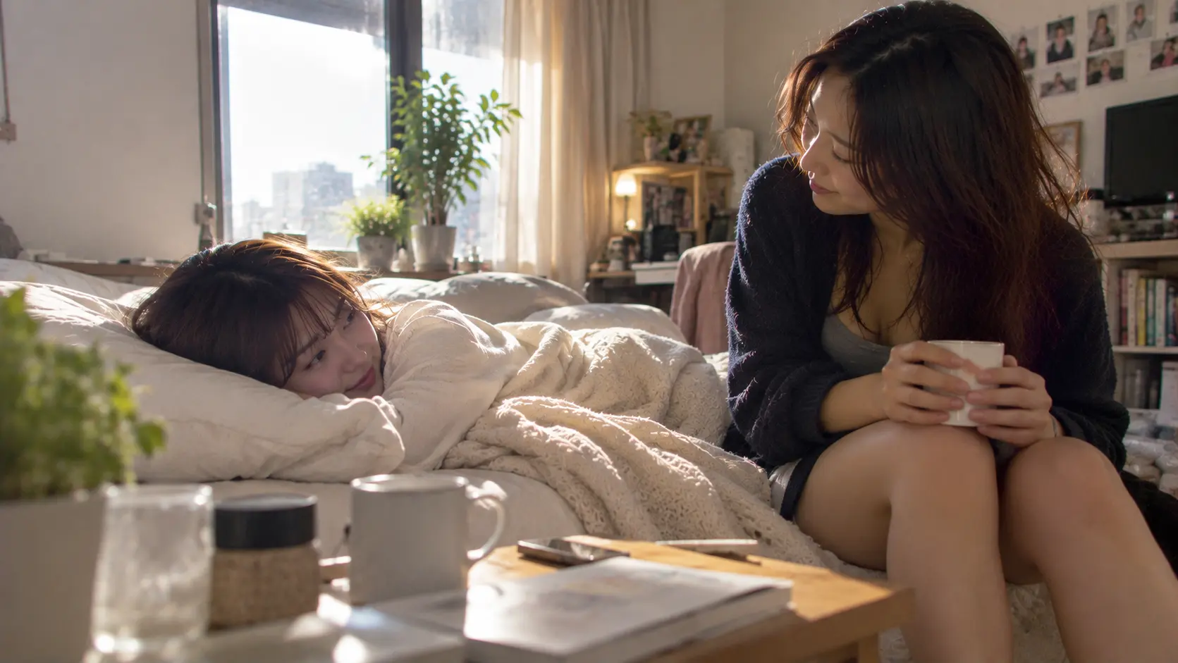 成人女性二人の朝の寝起き
