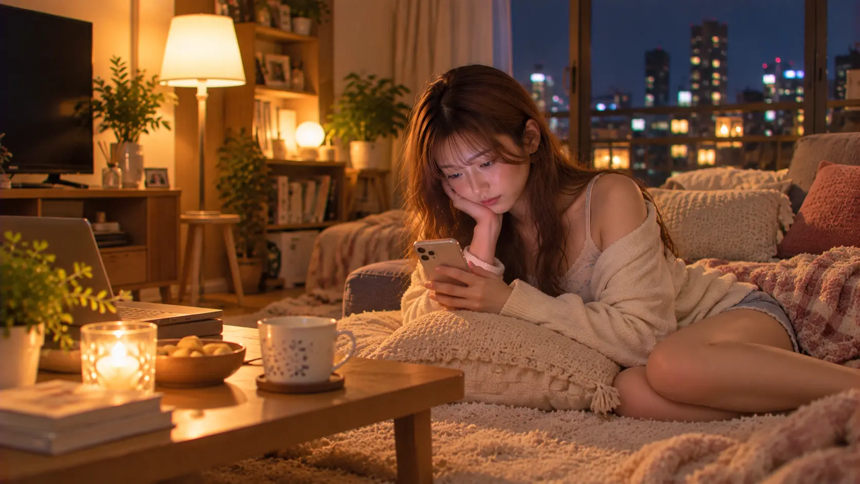 成人女性が寂しそうにスマホを触る夜の部屋