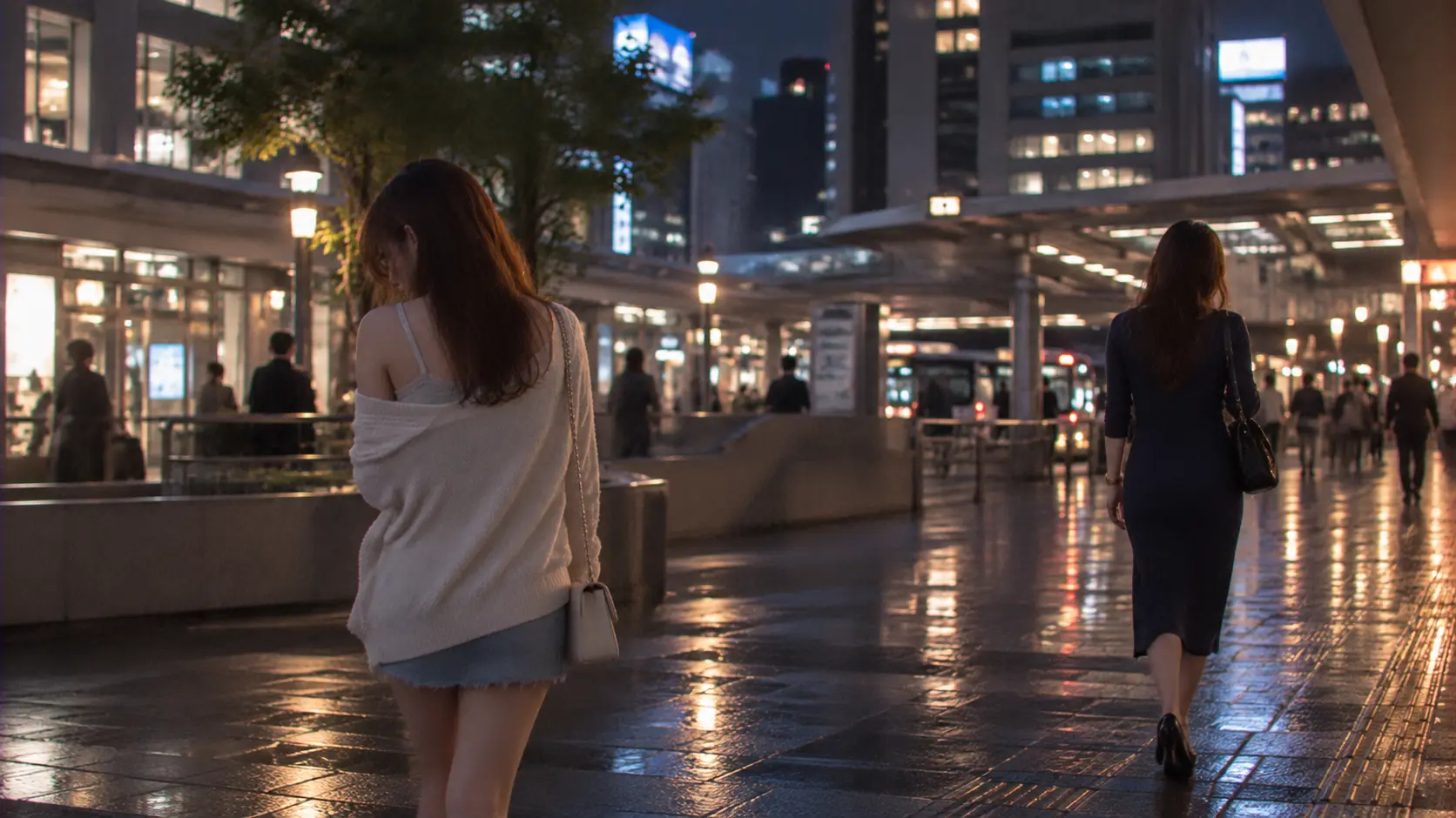 成人女性二人が別々の方向に向かう光景