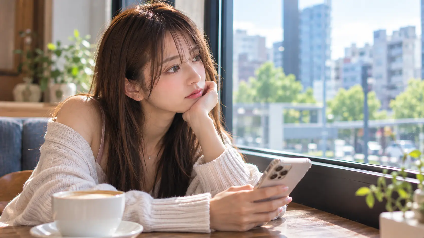 窓際でスマホを手に考え事をしている日本人女性の自然な実写写真