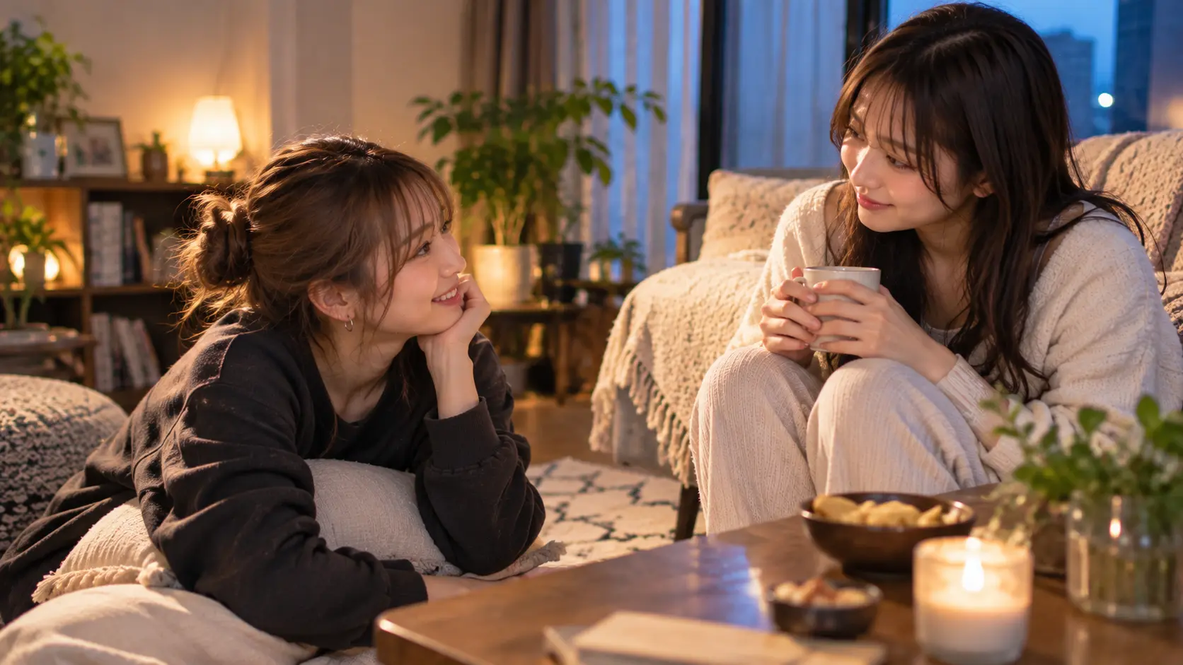 落ち着いた室内で向かい合い、穏やかに会話する日本人女性2人の自然な実写写真
